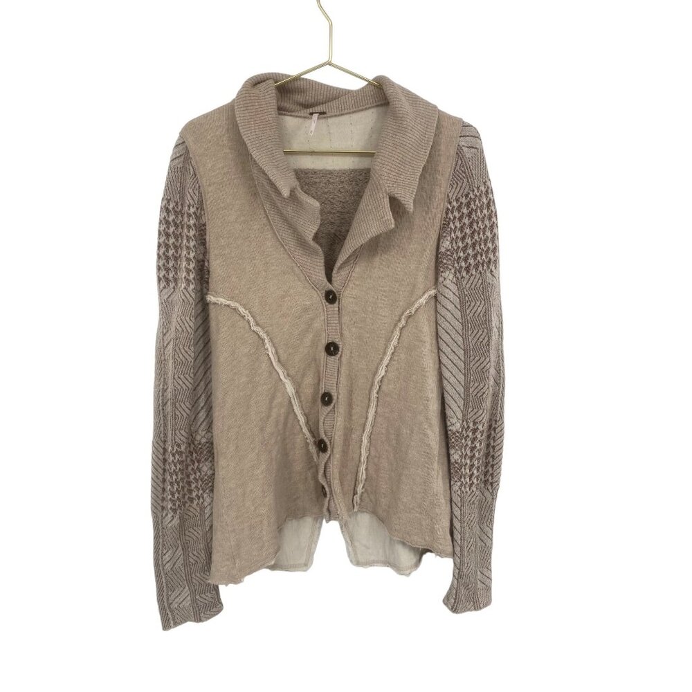FREE PEOPLE PATCHWORK RAW HEM BOHO BUTTON FRONT CARDIGAN SWEATER SIZE XS
